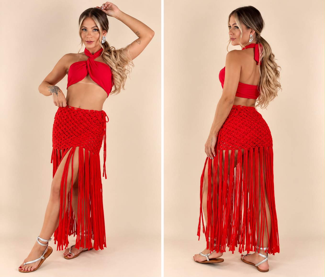 conjunto vermelho longo com franjas — Legani